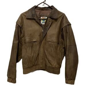 80s Vintage Fluid Brand Aviator Bomber Brown Leather Jacket Size Small